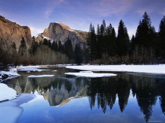 Half Dome Above River and Winter Snow, Yosemite National Park, California, USA