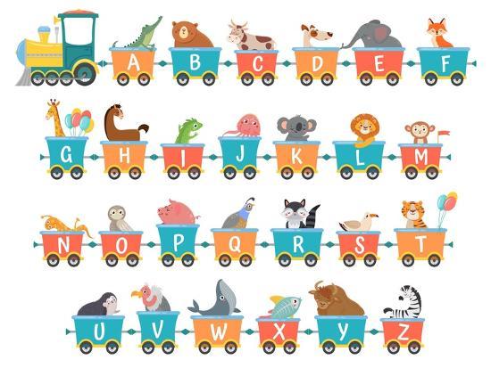 Alphabet Train with Animals. Cartoon Animal Illustration in Van