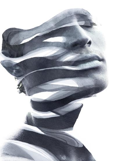 Paintography. Double Exposure Portrait of an Attractive Man's Face Combined with Hand Drawn Ink Pai