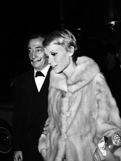 Salvador Dali and Mia Farrow at the Premiere of the Film "The Night of the Generals", Paris