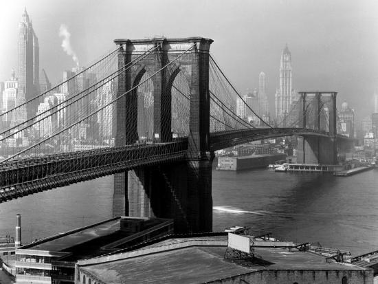 View of the Brooklyn Bridge and the Skyscrapers of Manhattan's Financial District